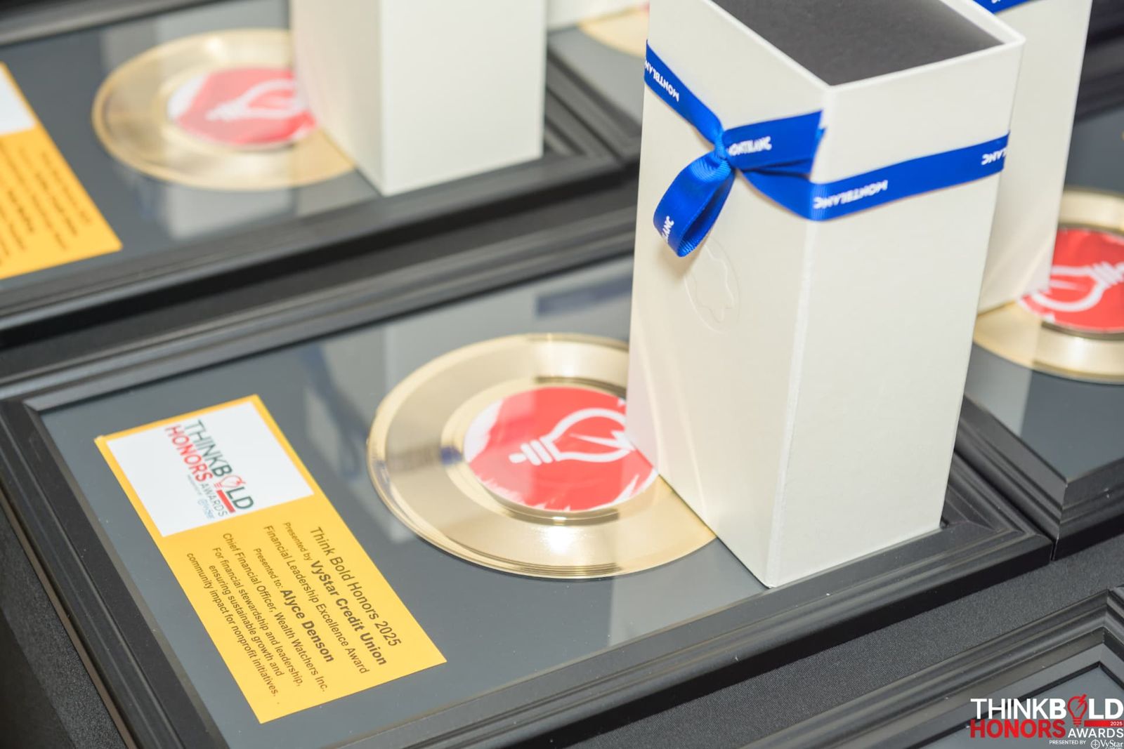 The custom Think Bold Honors award plaque and Montblanc gift box
